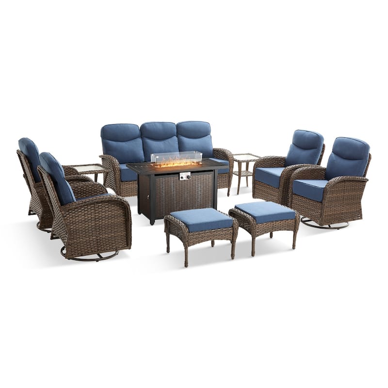 Pocassy Outdoor Sofa Swivel Chair and Ottman with 43in Fire Pit Table