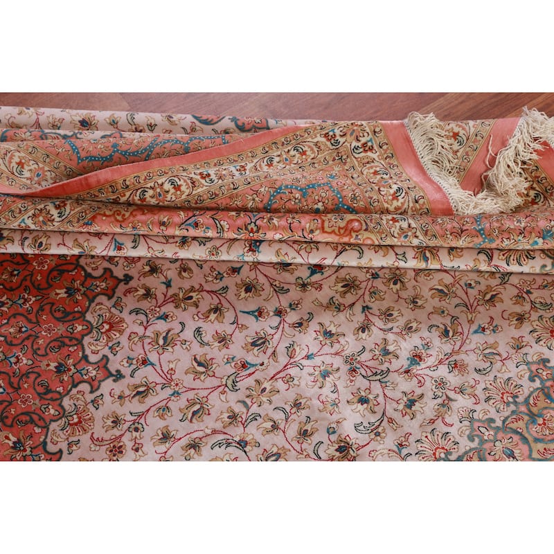 Hand Knotted Oriental 100% Silk Carpet Traditional Floral Beige & Ivories Qum Area Rug - 9' 11'' X 6' 5''