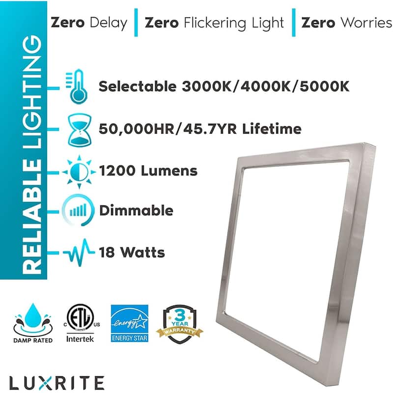 Luxrite 9" Square LED Flush Mount 18W 3 Color Selectable 1200 Lumens Dimmable Damp Rated Nickel 2 Pack