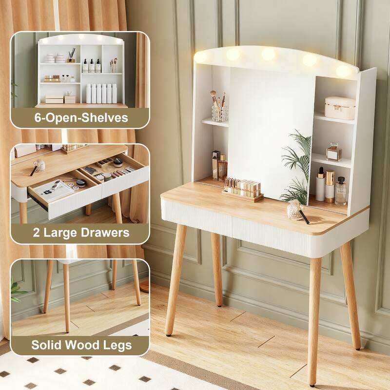 Small Vanity Desk with Mirror and Lights, Big-capacity Storage and Sliding Mirror, Vanity Set with Two Fluted Drawers