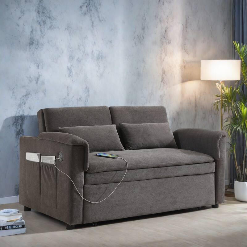 55" Velvet 2-Seater Sleeper Sofa with USB Ports And Storage Pockets for Living Room - DARK GREY