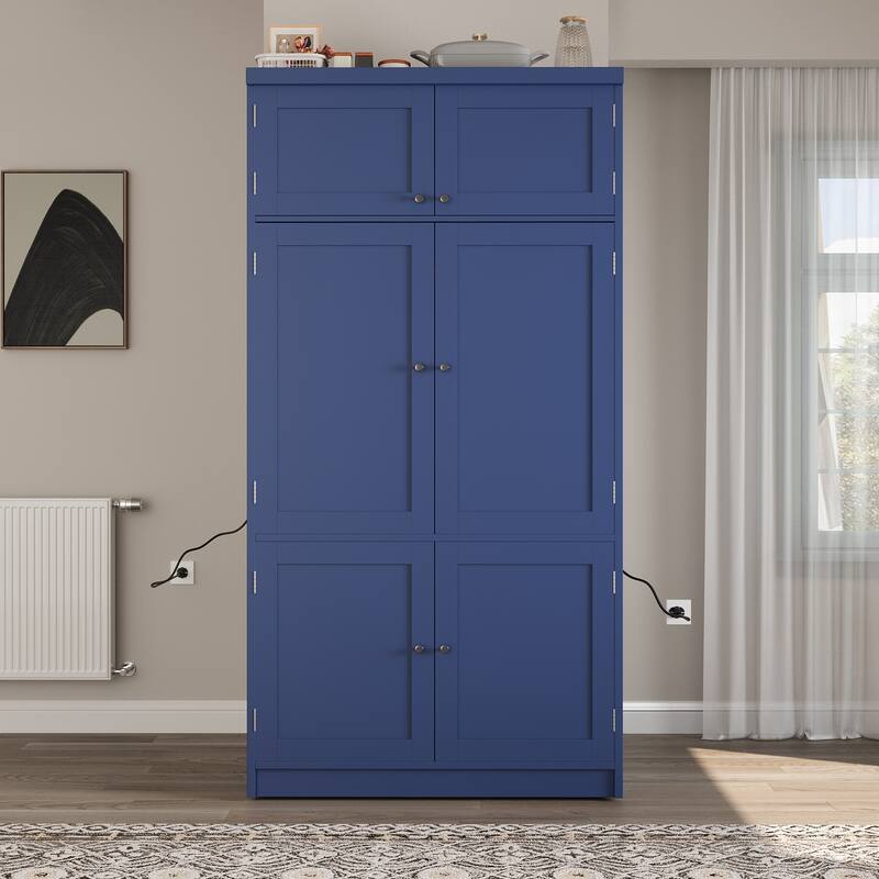 Roomfitters 80 Inch Extra Tall Kitchen Pantry Cabinet with Power Outlets and Wine Rack, Shaker Style