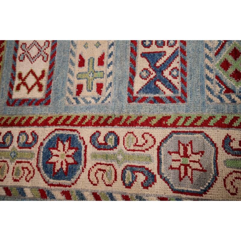 Blue Kazak Oriental Runner Rug Hand-Knotted Geometric Wool Carpet - 3'3" x 16'3"