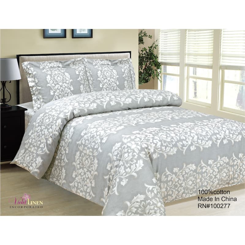 Violet Linen French Emblem Pattern, Luxury 300 Thread Count Sateen Cotton, Grey, 8 Piece, Bedding Duvet Cover Set - Full