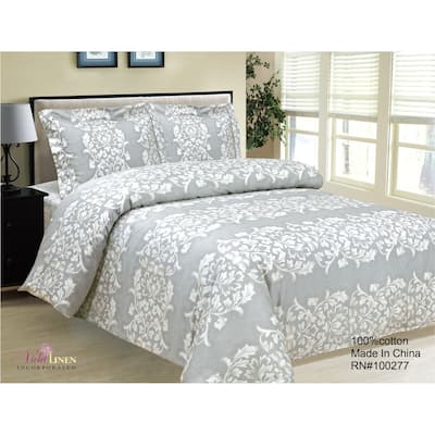 Violet Linen French Emblem Pattern, Luxury 300 Thread Count Sateen Cotton, Grey, 8 Piece, Bedding Duvet Cover Set