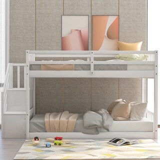 Twin Over Twin Floor Bunk Bed with Ladder & Storage, Solid Wood Low Bunk Bed Frame with Safety Guardrails for Small Bedrooms