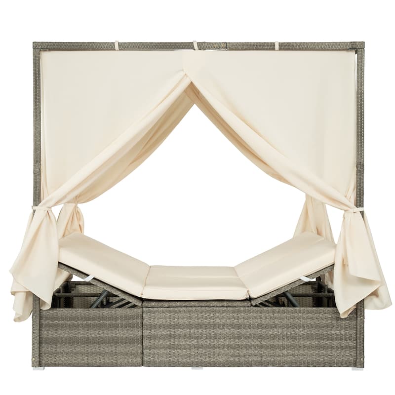 Outdoor Patio Rattan Canopy Daybed Sunbed with Curtain and Adjustable Seat