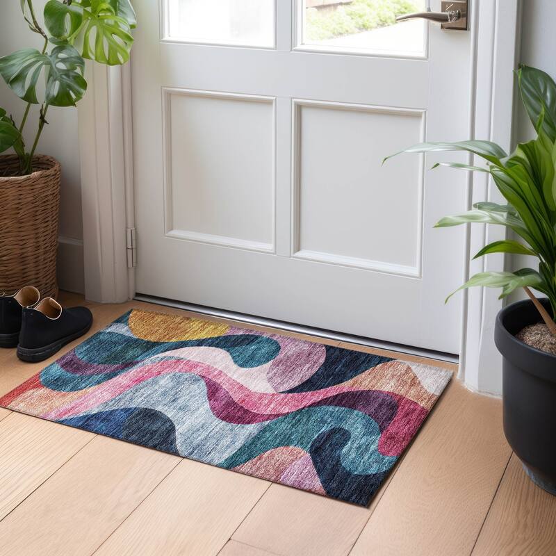 Machine Washable Indoor/ Outdoor Abstract Chantille Rug - Green - 1'8" x 2'6"