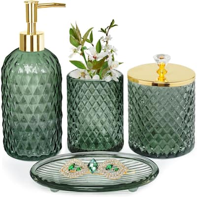 4-piece black bathroom accessories set with soap dispenser, toothbrush holder, medicine bottle, tray