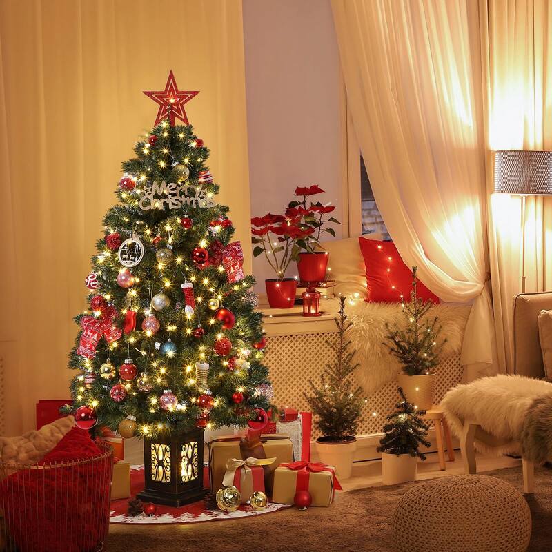 4.5 Ft Artificial Christmas Tree with 200 Warm White LED Lights and Red Berries Potted Base Holiday Xmas Tree