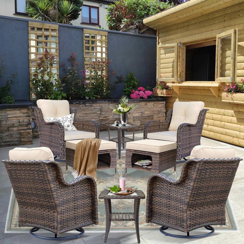 8 Piece Outdoor Wicker Patio Furniture Swivel Chairs and Ottoman Set - Beige-Brown Wicker