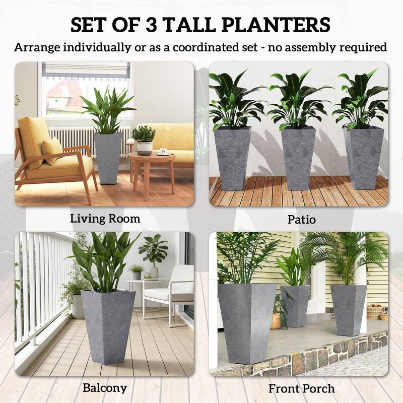 Outsunny 28 Inch Tall Planters for Outdoor Plants, Set of 3 Plastic Flower Pots with Marble Finish and Drainage Holes