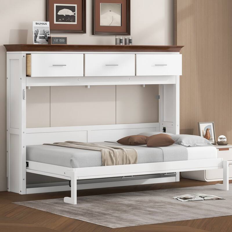 Space-Saving Twin Murphy Bed with 3 Drawers & Storage Shelf, White