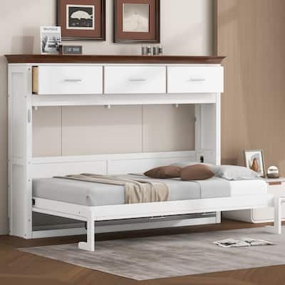 Twin Size Murphy Bed with 3 Drawers White Foldable Platform Bed Convertible Cube Cabinet Space Saving Storage Bed Frame