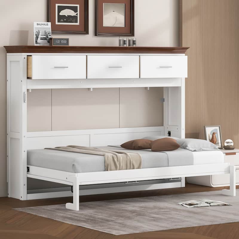 Twin Size Murphy Bed with 3 Storage Drawers and Foldable Design in White