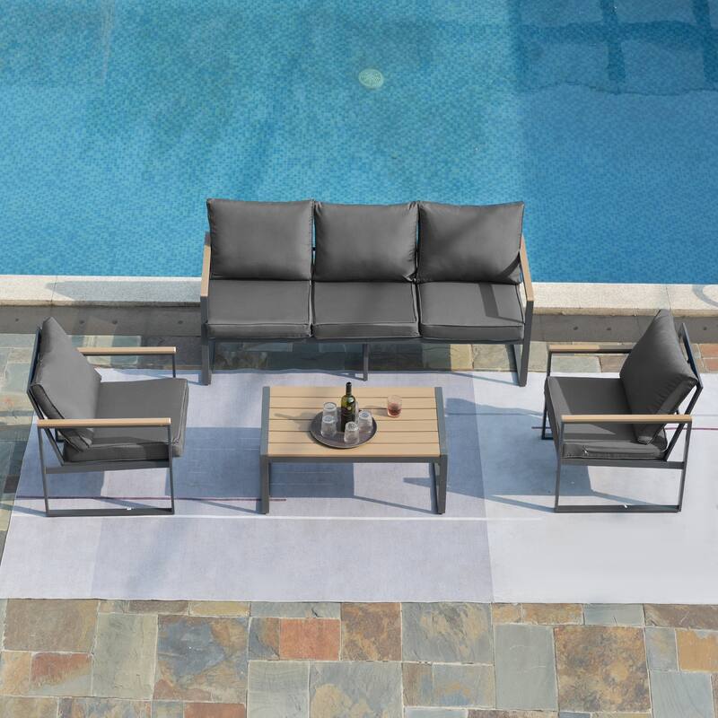 4-Piece Outdoor Conversation Set with Cushions, Iron Frame Patio Sofa Set with Faux Wood Table