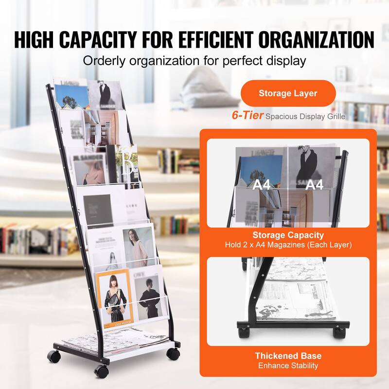 6-Tier Brochure Display Rack with Wheels, Floor Magazine Stand - 20.87 x 17.32 x 52.76 in