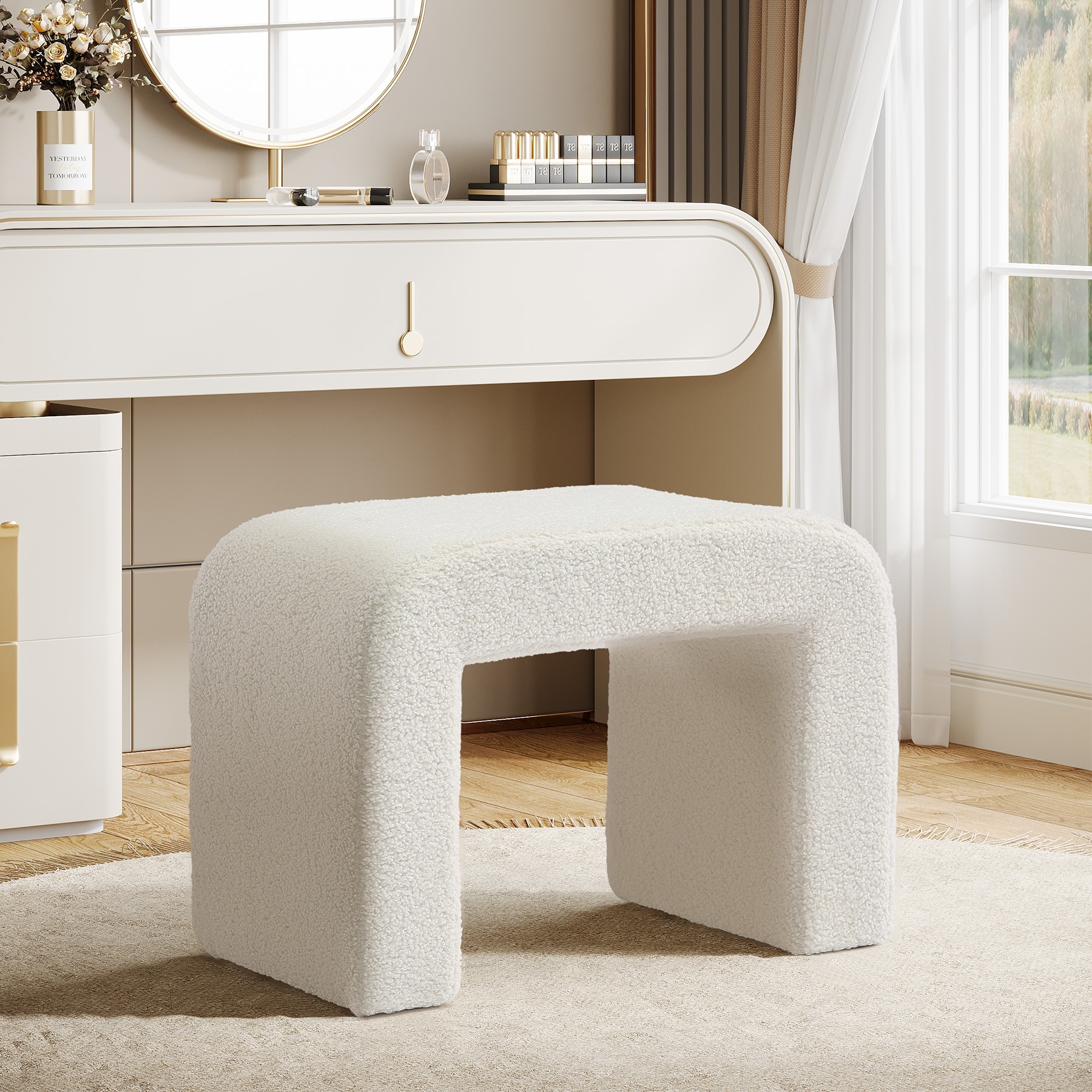 Upholstered Soft Vanity Stool, Arched Footstool Ottoman, Dressing Chair Sofa Footrest Shoe Bench