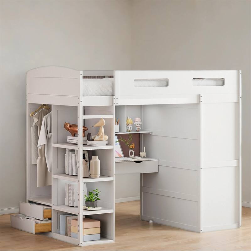 Twin Size Wood Loft Bed with Desk, Wardrobes,Drawers and Shelves