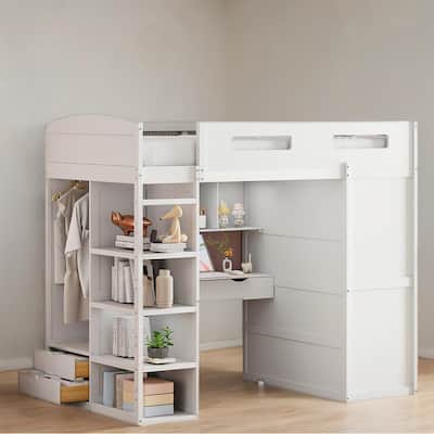 Twin Size Wood Loft Bed with Desk, Wardrobes,Drawers and Shelves