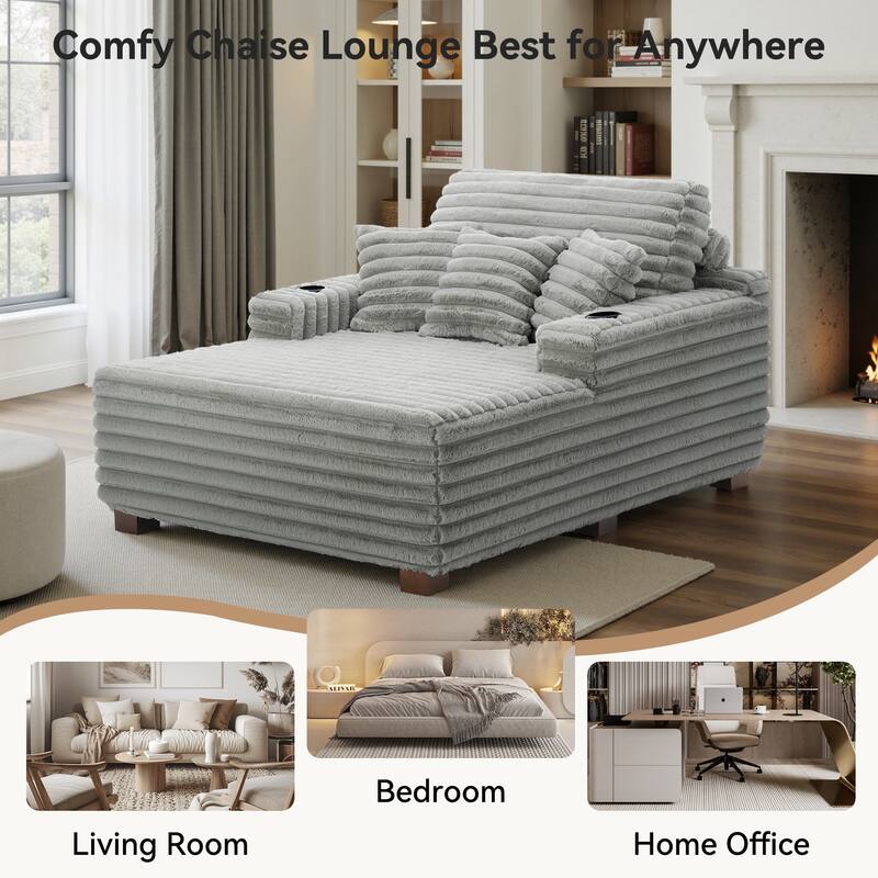 53"W Oversized Plush Fur-Like Chaise Lounge Sofa with Cup Holder