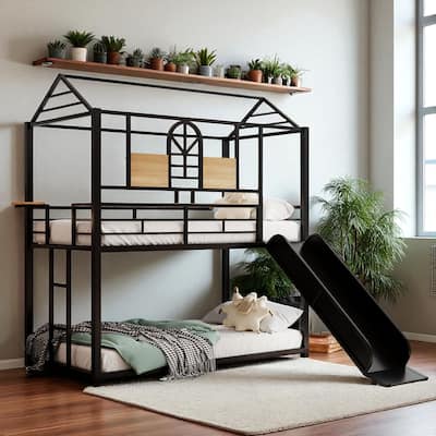 Twin Over Twin Metal Bunk Bed with Playhouse Design and Slide - Three Colors Available