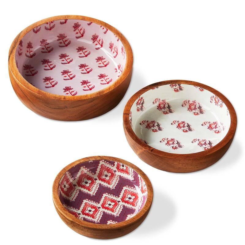 Jasmine Wood & Enamel Bowl, Set of 3
