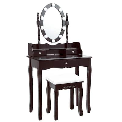 Oval Mirror Vanity Set with 10 LED Dimmable Bulbs and 3 Drawers - 29.5" x 16" x 56.5" (L x W x H)