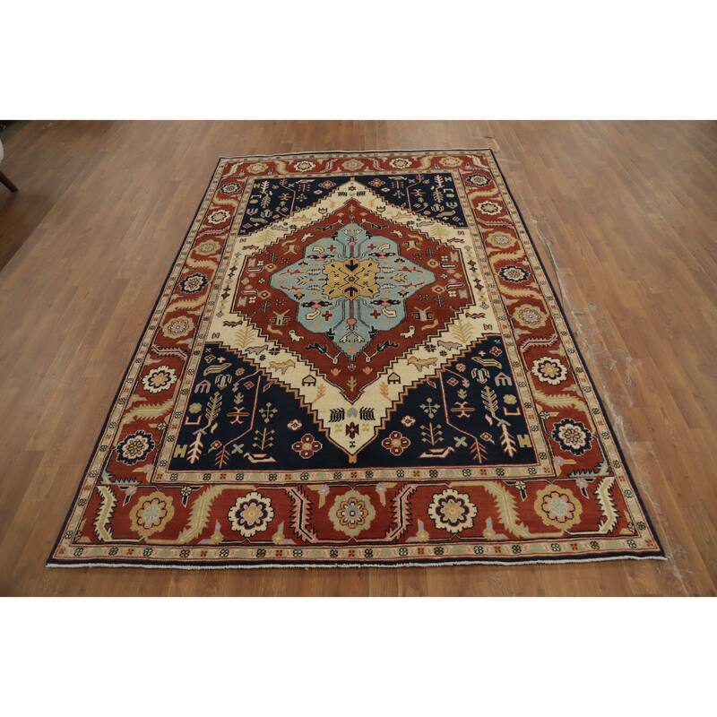 Hand Knotted Oriental 100% Wool Carpet Traditional Medallion Oranges & Rust Heriz (serapi) Area Rug - 8' 11'' X 6' 1''
