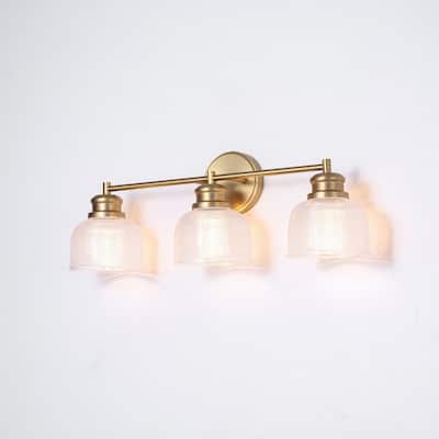 23.8" W 3-Light Retro Industrial Gold Bowl-Shaped Bathroom Vanity Light with Clear Chequered Textured Glass Shades