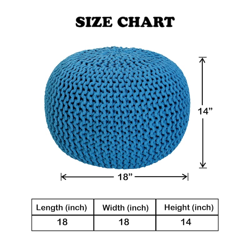 Hand Knitted Pouf Cotton Braided Cord Cable Ottoman - Foot Stool - Accent Seat Furniture Bean Bag - Living Room Kids - 18x18x14