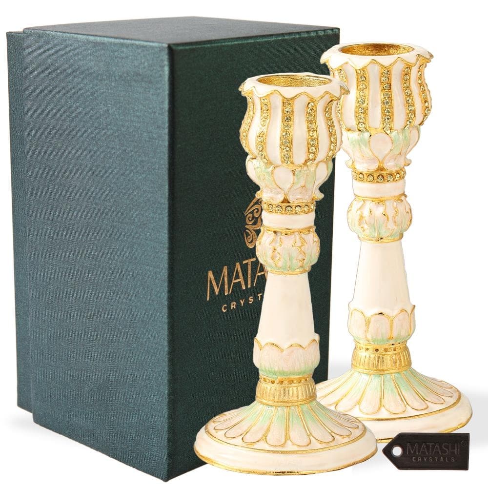 Matashi Shabbat Candlestick (2-Pcs Set) Hand-Painted, Gold-Plated Pewter Ivory w/ Petal Design, Personal or Religious Enjoyment
