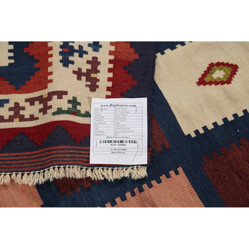 Kilim Qashqai Persian Vintage Rug Hand-Knotted Living Room Wool Carpet - 4'8"x 6'9"