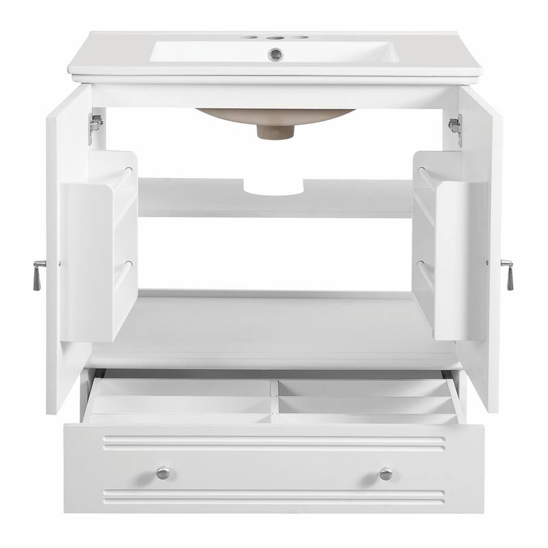 30" Bathroom Vanity with Ceramic Sink - Solid Wood Frame Bathroom Sink Cabinet with Adjustable Shelf