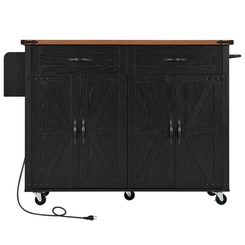 53.5'' Particle Board Farmhouse Kitchen Island with Power Outlet, Drop Leaf, Spice Rack and Drawers - 53.5'' x 28.75'' x 36.5''