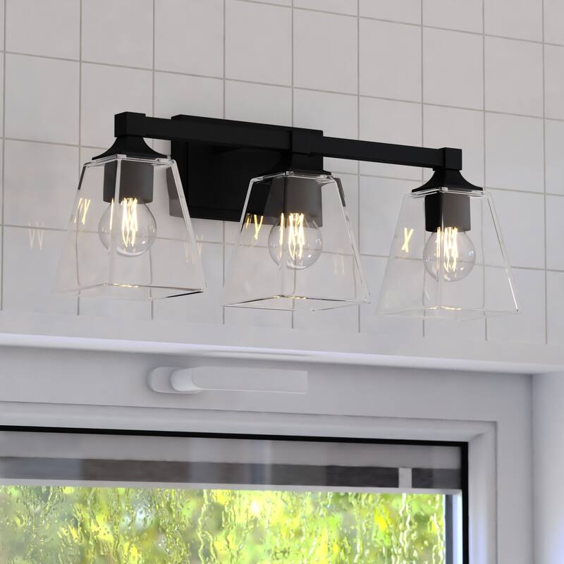 Wallingford 3-Light 22.5 inch Wide Bathroom Vanity Lighting Fixture, Clear Glass Shade, Dimmable, LED Compatible, Reversible - 22.5-in W x 8.75-in H x 6.25-in D - Matte Black