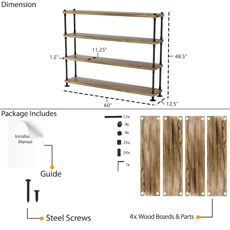 Wallniture 60 inch Long Pipe Bookcase, 11.25'' Deep & 1.5'' Thick Hanging Wood Shelf for Home Organization, Rustic, Tier Options
