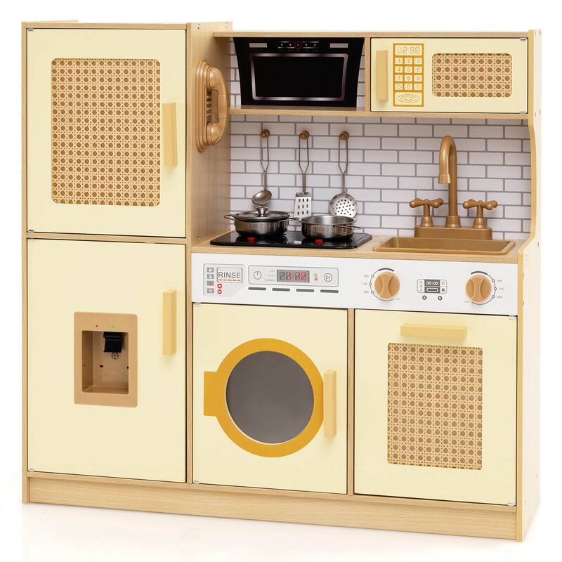 Costway Wooden Kids Kitchen Playset Pretend Play Kitchen with Real - See Details - Yellow