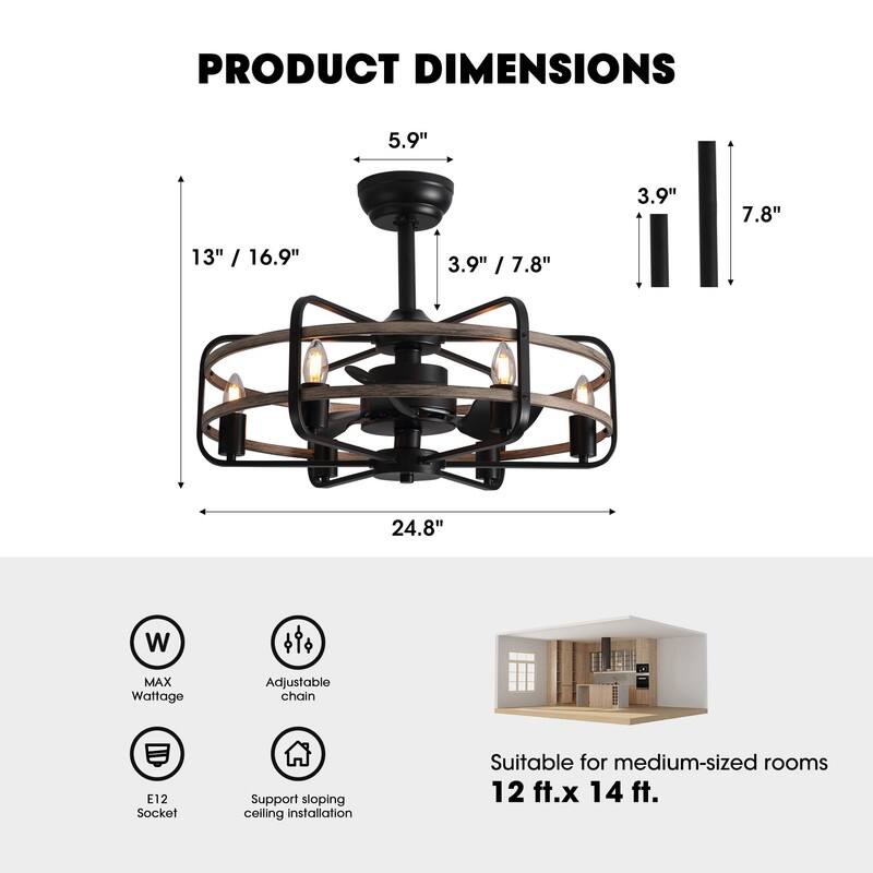 25" Caged Ceiling Fan with Light Remote Control 6-Light Farmhouse Ceiling Fan Fandelier Ceiling Fan with Light for Dining Room