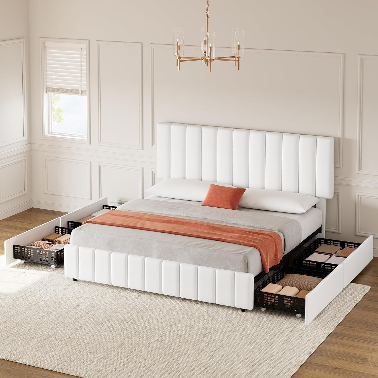 Queen Linen Upholstered Platform Bed Frame with 4 Storage Drawers, Adjustable Height Headboard