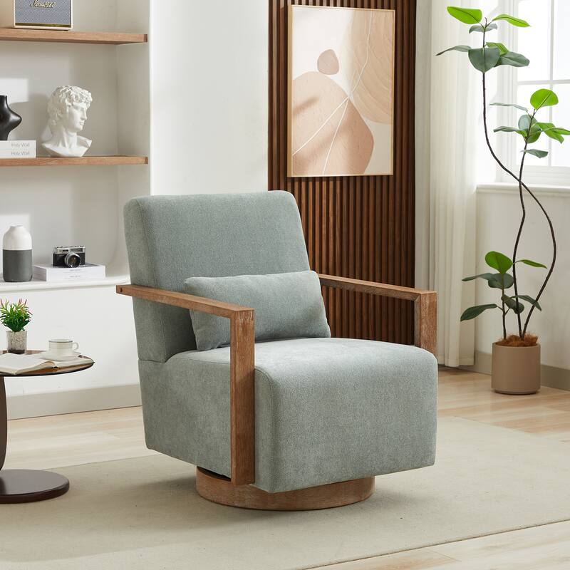 Roomfitters 30.3" Modern Swivel Accent Chair, Open-Frame Solid Wood Arms & 360° Rotation - Pale Green