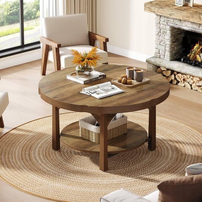 2 Tier Round Coffee Table, Wooden Living Room Center Table With Shelf