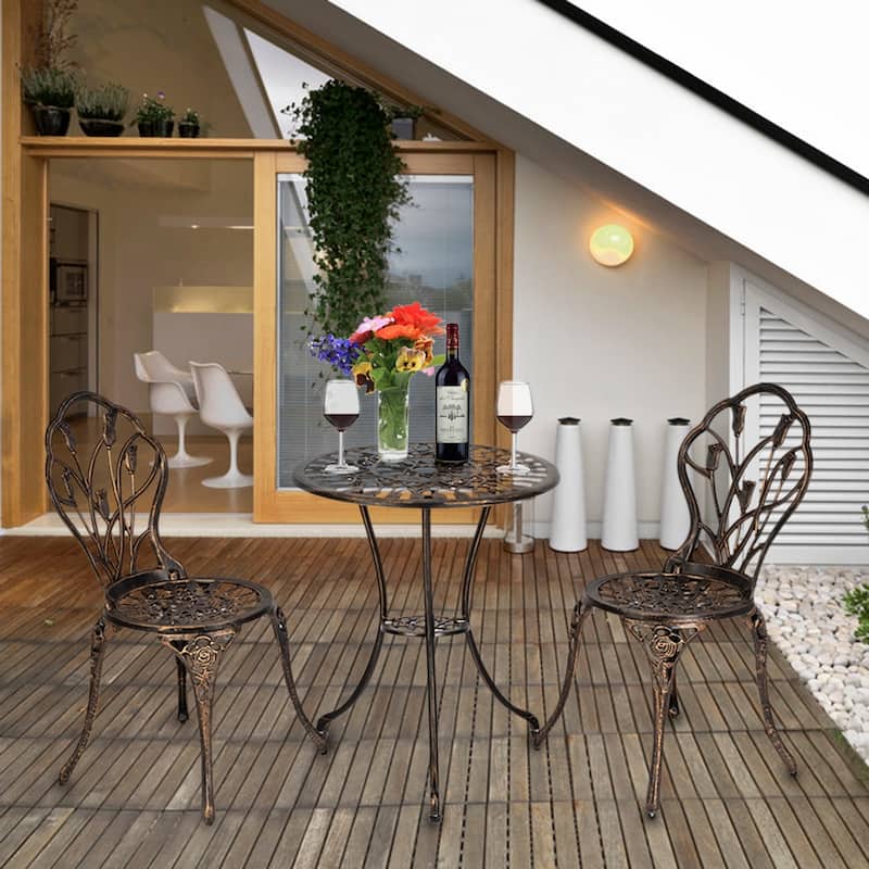 Outdoor 3 Piece Tulip Bistro Set of Table and Chairs Bronze