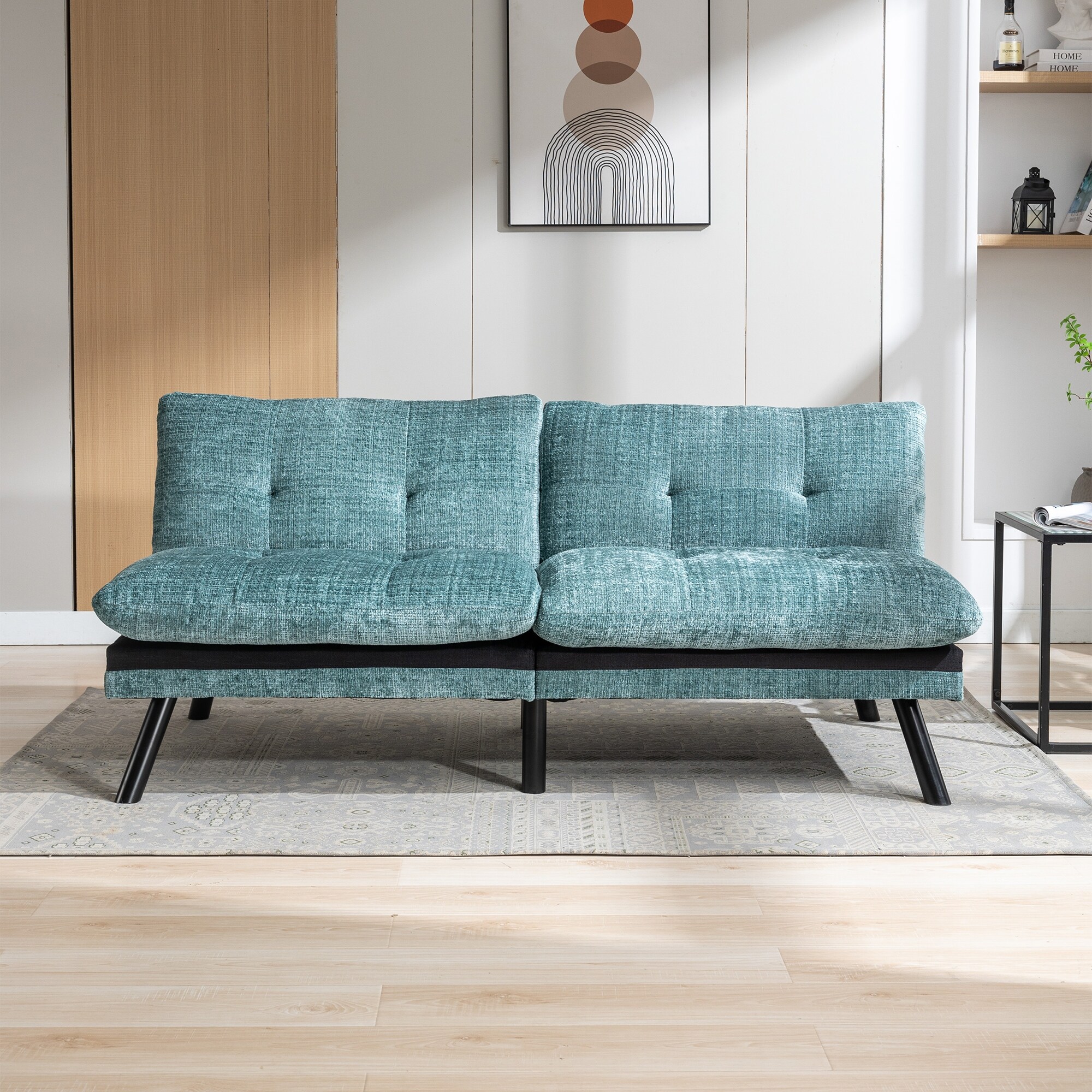 Futon Folding Loveseat Bed Chenille Convertible Sleeper Couch Bed with Adjustable Back and Metal Legs for Living Room Sofa