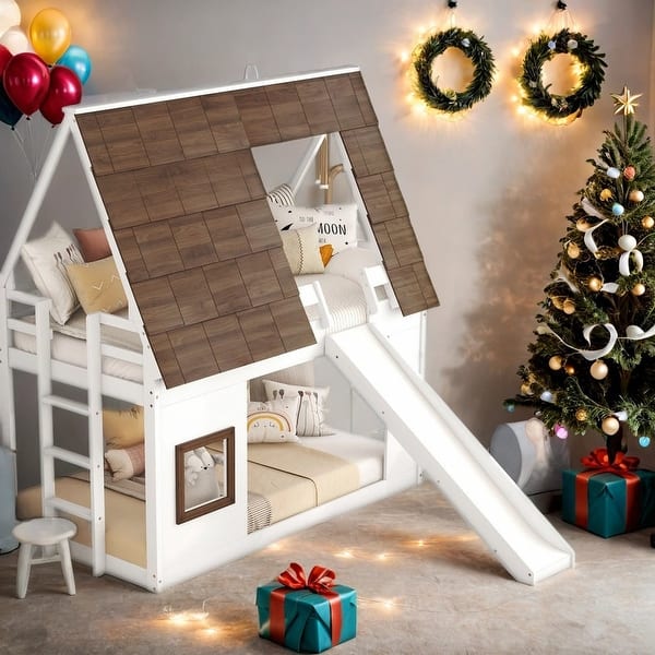 slide 2 of 14, Twin over Twin Wood House Bunk Bed With Roof,Ladder And Slide for Bedroom White+Brown