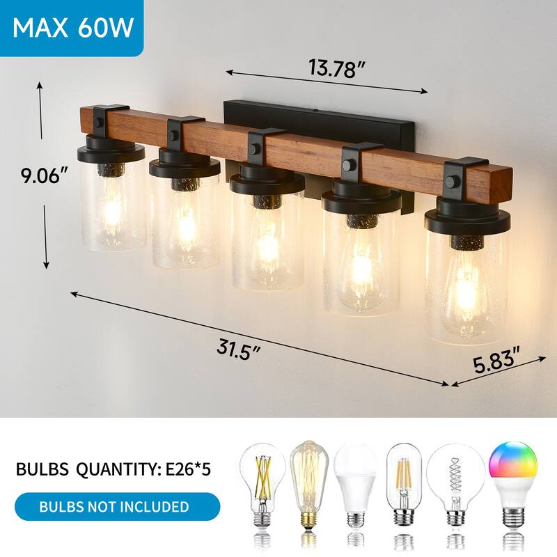 5-Light Matte Black +Wood Wall Lamps with Glass Lamp Shades (No Bulbs) For Bathroom Kitchen Dinning Room