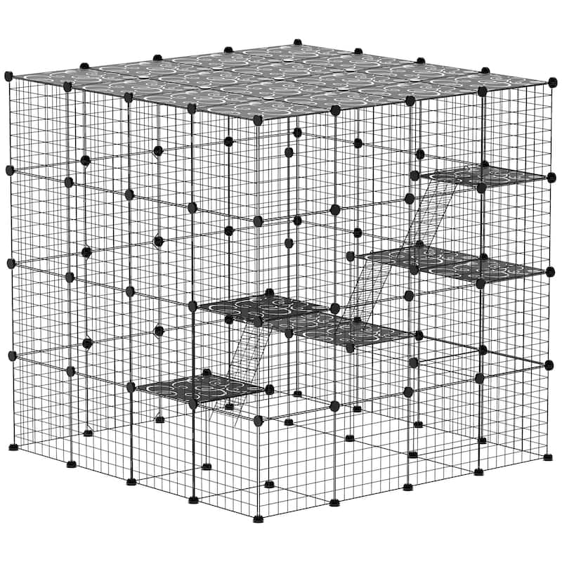 PawHut 4-Tier Large Cat Cage, 55" DIY Cat Playpen with Platforms, Ramps, Accessories, Detachable Metal Kitten Exercise Place - Black