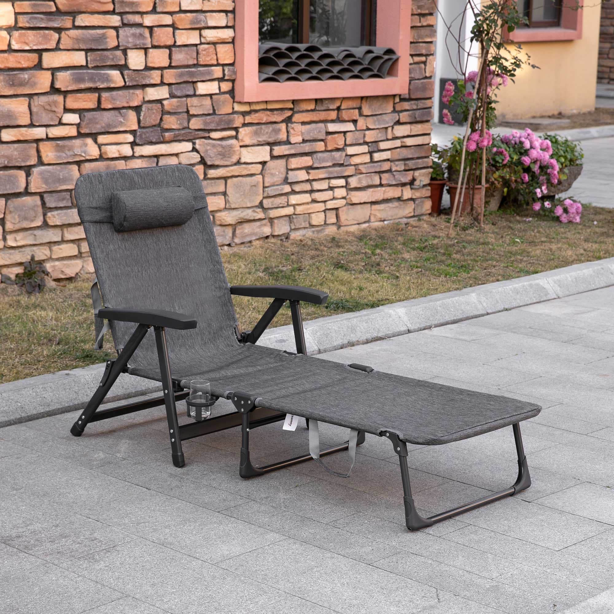 Outsunny Folding Chaise Lounge Chair Mesh Fabric Lounge Chair 7 Reclining Position Sleeping Bed with Pillow Cup Holder