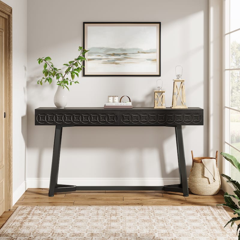 55-Inch Modern Console Table Black Entryway Table with 2 Drawers