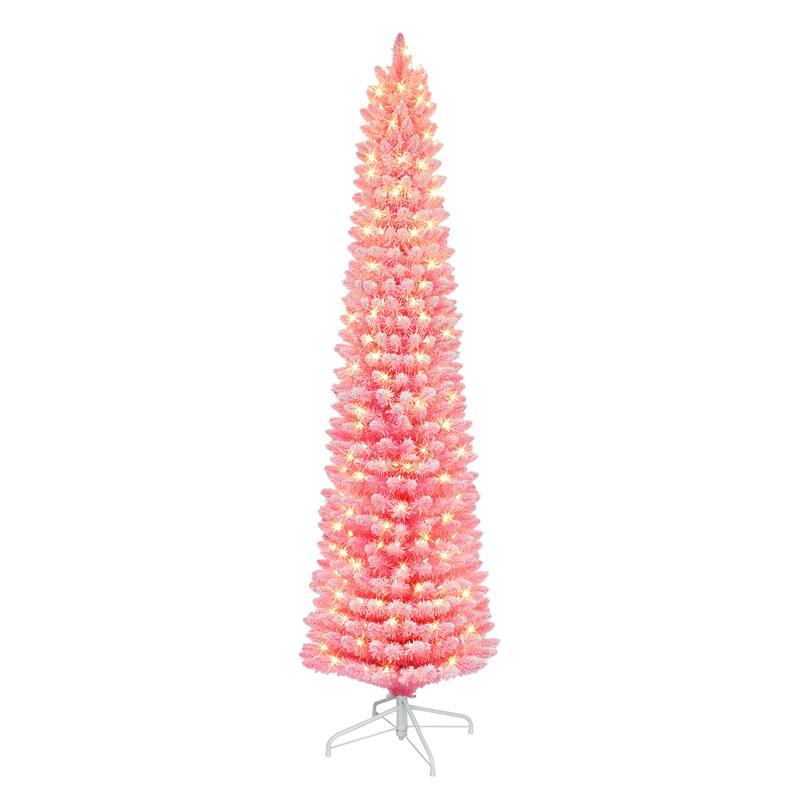 Puleo International 7.5 ft. Pre-lit Flocked Fashion Pink Pencil Artificial Christmas Tree